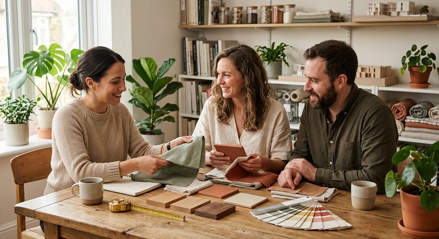 Designers reviewing material samples at a warm oak table
