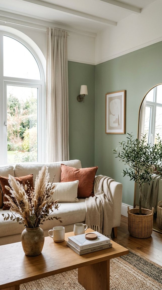 A serene living room with sage green walls and warm natural light